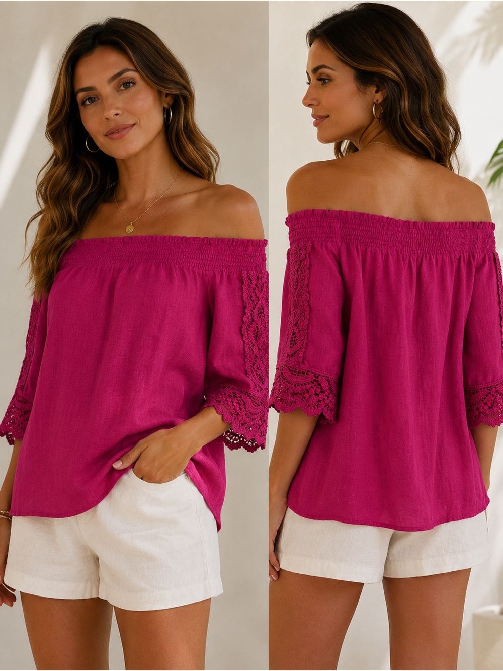 Chico’s Sz 2 Off The Shoulder 100% Linen Blouse Bright Pink Crochet Lace Summer